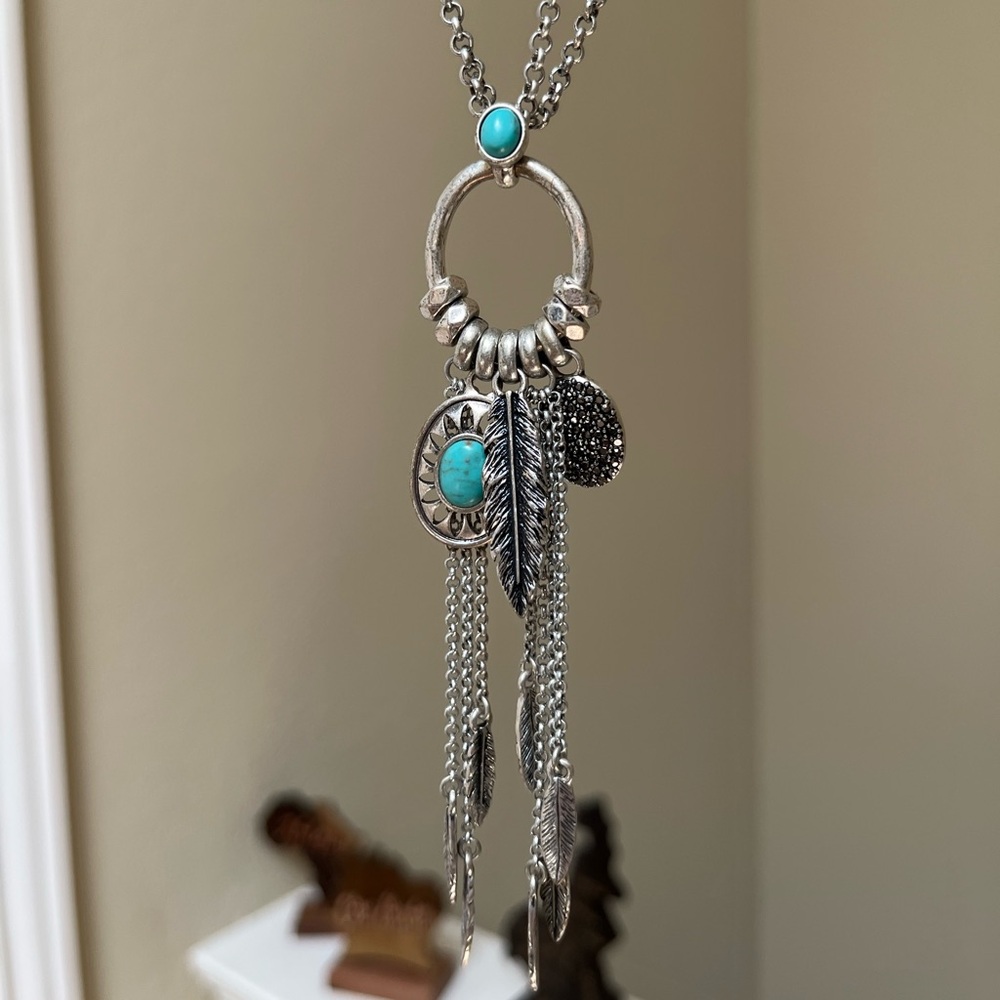 Lucky Brand Silver and Turquoise Feather Pendant Necklace long